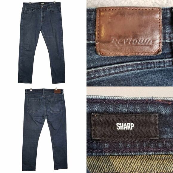 Revtown Jeans Mens Size 36X30 Dark Wash Blue Decade Denim Sharp Straight Stretch - Picture 1 of 12